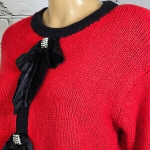 Tony Lambert Vintage Red and Black Sweater with Bows and Bling, Women's Medium
